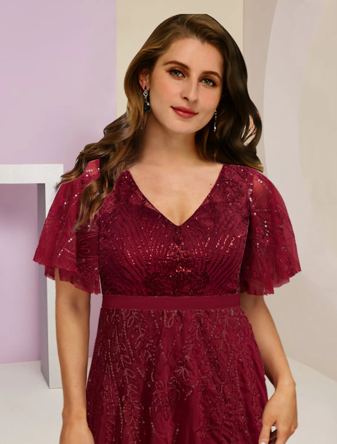 wholesale  Plus Size Curve Mother of the Bride Dress Wedding Guest Elegant Sparkle & Shine V Neck Floor Length Chiffon Lace Sequined Short Sleeve with Pleats Split Front