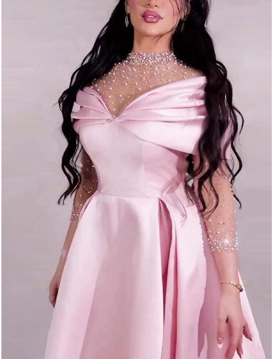 Wholesa  A-Line Evening Gown Elegant Dress Formal Prom Floor Length Short Sleeve Sweetheart Satin with Ruched Pearls Crystals