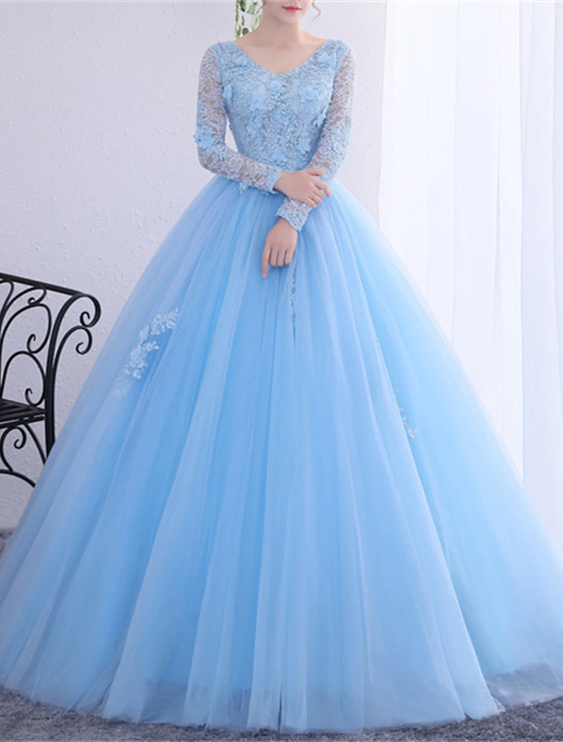 Wholesa Ball Gown Quinceanera Dresses Princess Dress Performance Quinceanera Floor Length Long Sleeve V Neck Polyester with Crystals Appliques