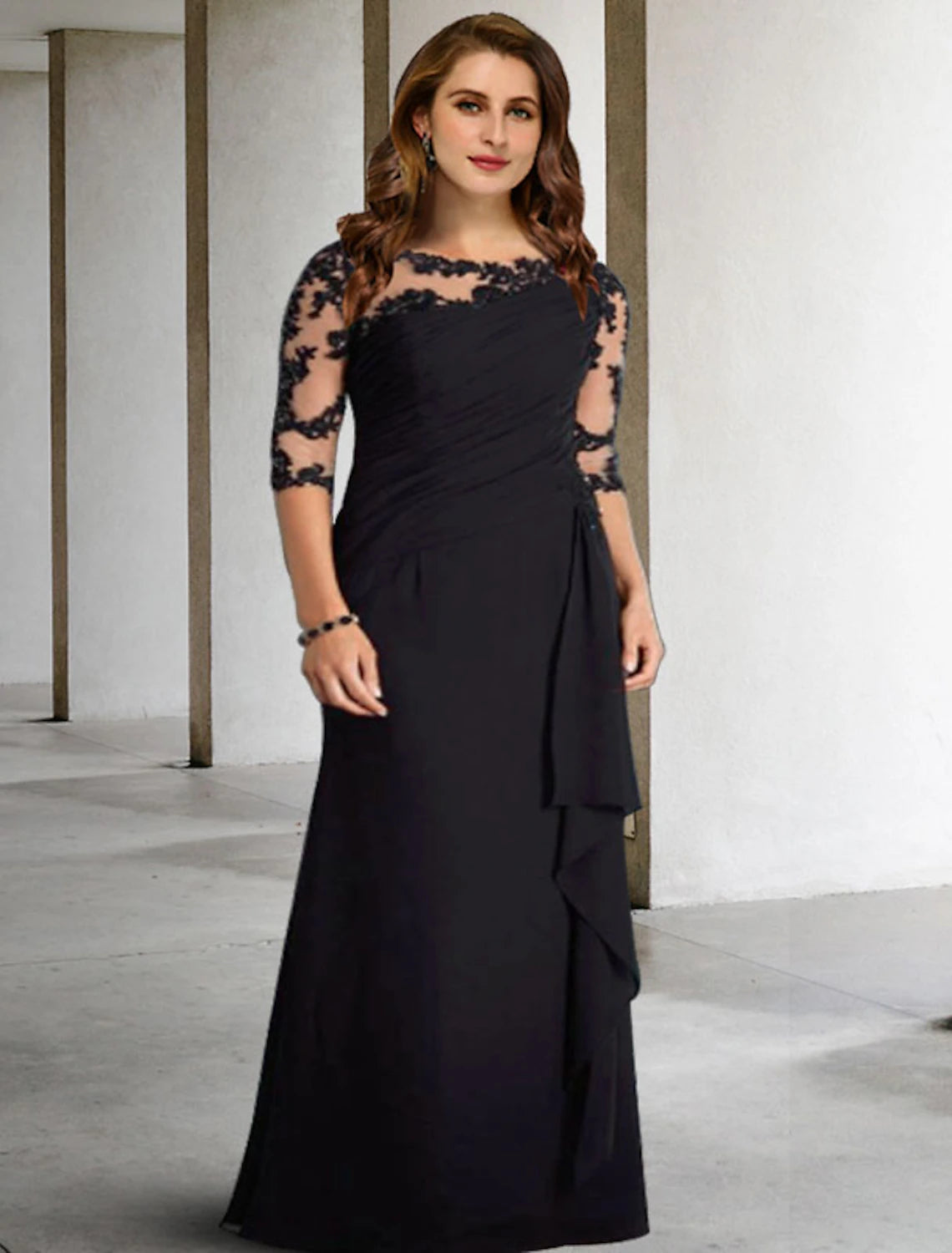 Wholesa  A-Line Mother of the Bride Dresses Plus Size Hide Belly Curve Elegant Fall Wedding Guest Dress Formal Floor Length Half Sleeve Jewel Neck Chiffon with Pleats Ruched Appliques