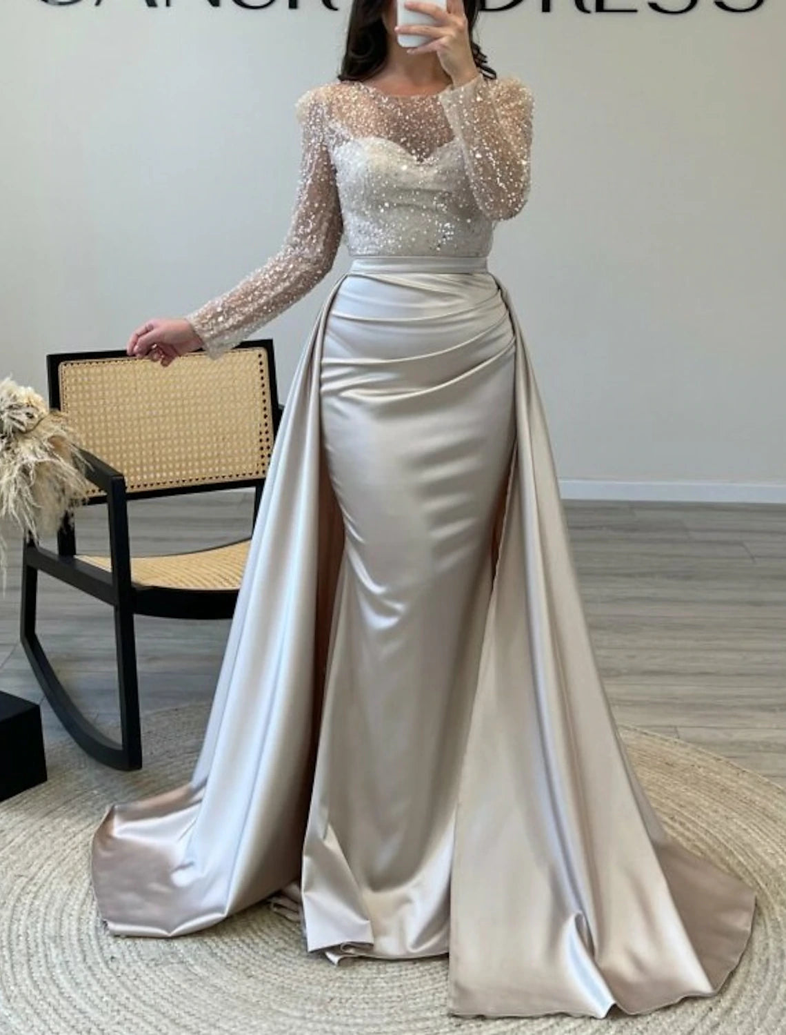 Wholesa Mermaid Sequin Evening Gown Ruched Satin Dress Long Sleeves Floor Length Sparkle Illusion Neck Prom Wedding Guest Dress with Pearls Overskirt