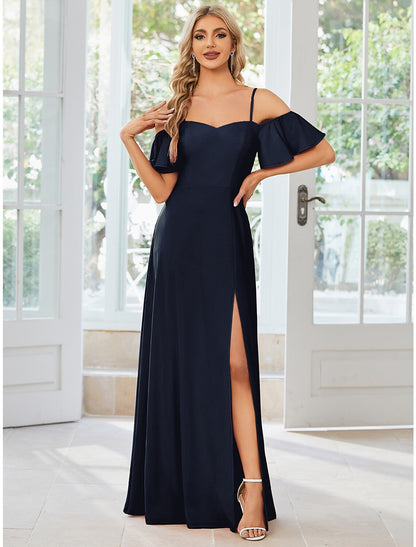 Wholesa A-Line Wedding Guest Dresses High Split Dress Formal Black Tie Floor Length Short Sleeve Off Shoulder Stretch Fabric with Slit Pure Color