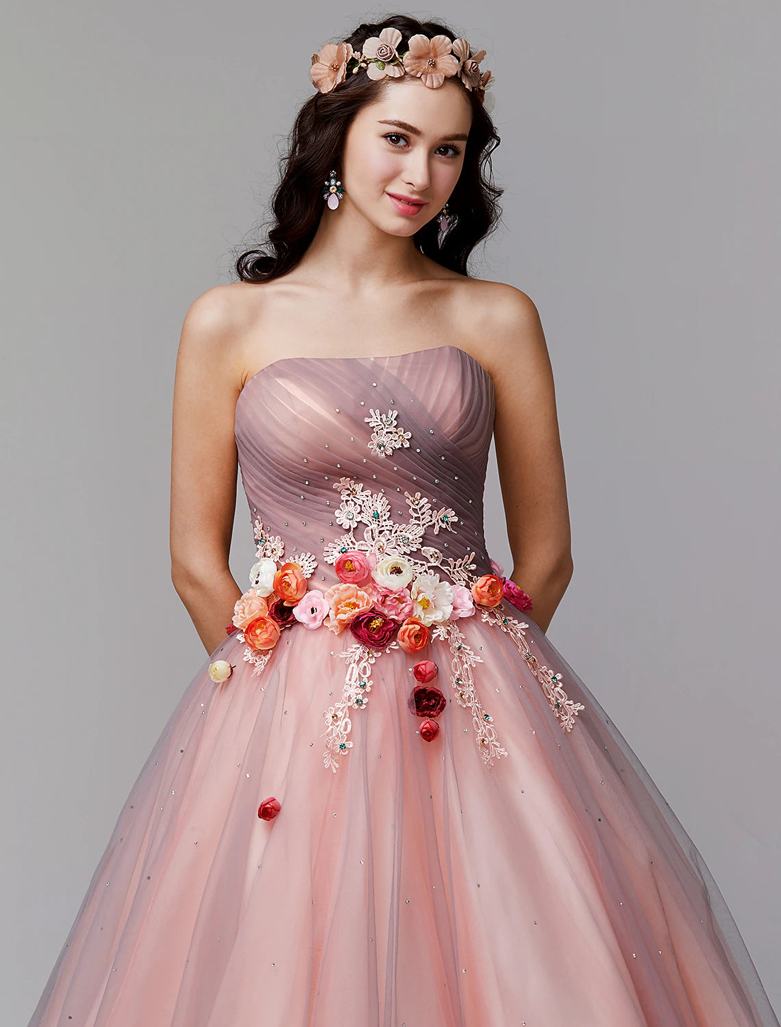 Wholesa Ball Gown Floral Formal Evening Dress Strapless Sleeveless Floor Length Tulle with Pleats Flower