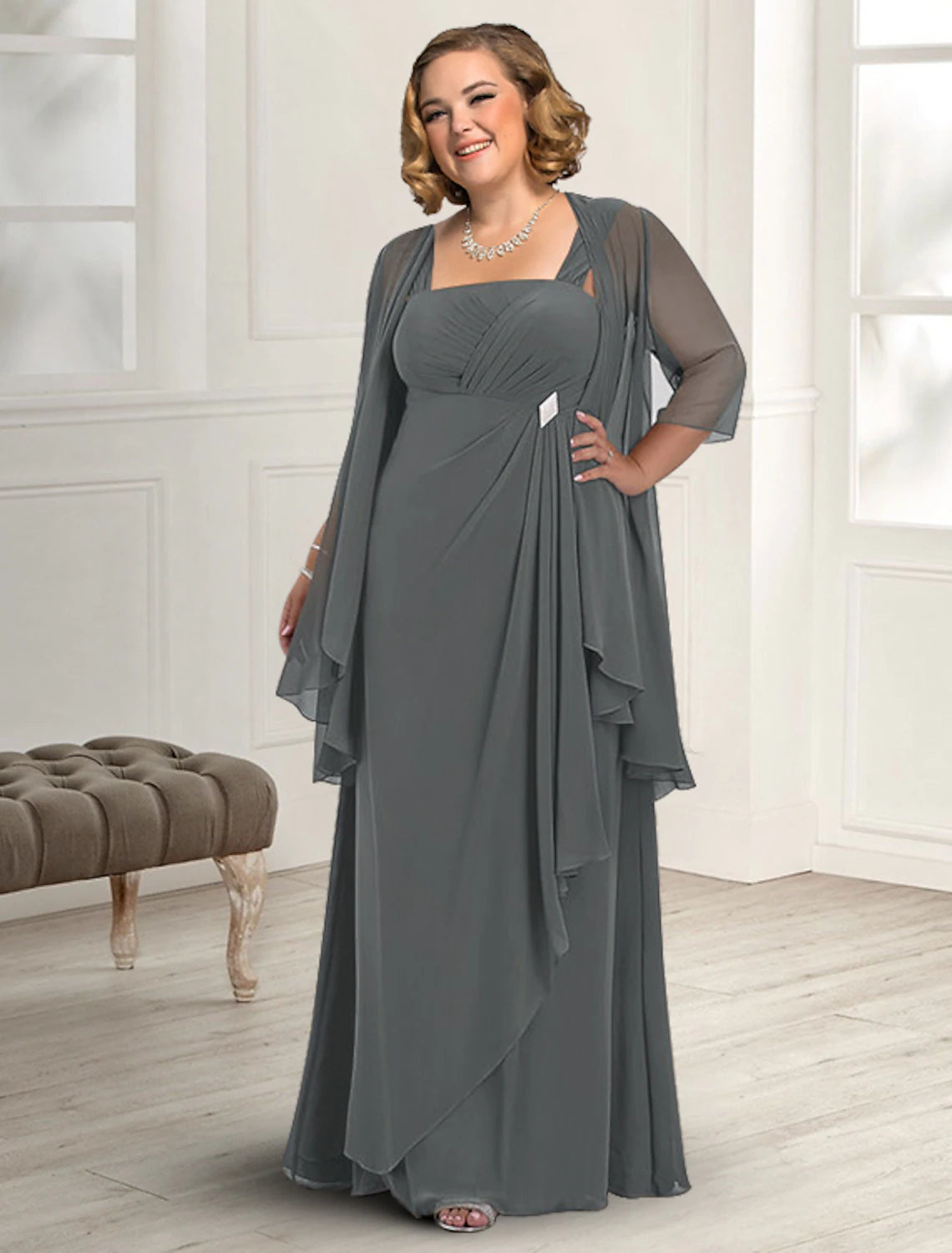 Wholesa  Two Piece A-Line Mother of the Bride Dress Fall Wedding Guest Dresses Plus Size Elegant Square Neck Floor Length Chiffon Sleeveless Jacket Dresses with Pleats