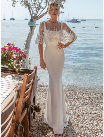 Wholesale Beach Open Back Casual Wedding Dresses Mermaid / Trumpet Square Neck Sleeveless Sweep / Brush Train Satin Bridal Gowns With Buttons Beading Summer Wedding Party