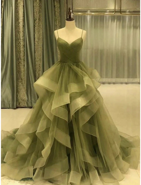 Wholesa A-Line Prom Dresses Elegant Dress Formal Court Train Red Green Dress Sleeveless Spaghetti Strap Tulle with Pleats Ruffles