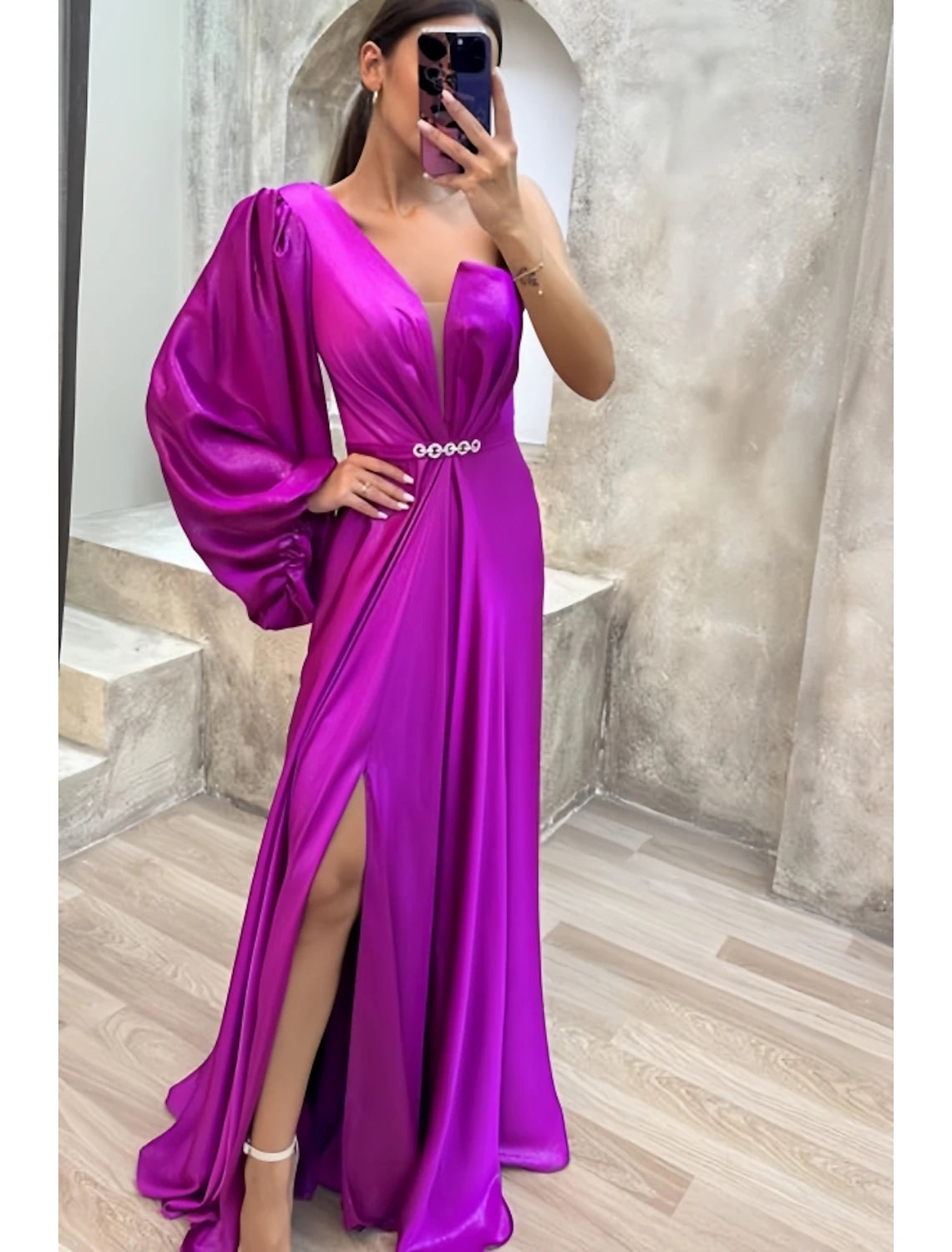 Wholesa A-Line Evening Gown High Split Dress Formal Fall Sweep / Brush Train Long Sleeve One Shoulder Satin with Pleats Crystals Slit