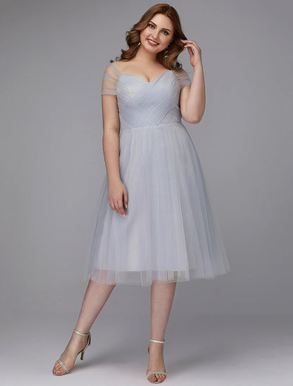 Wholesa A-Line Elegant Dress Wedding Guest Cocktail Party Tea Length Short Sleeve Off Shoulder Tulle with Sash / Ribbon Criss Cross