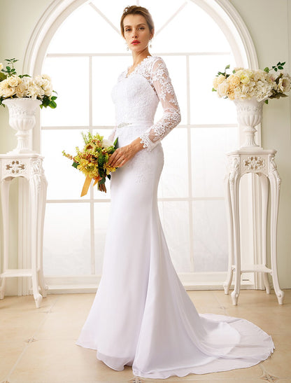 Wholesale Engagement Open Back Fall Formal Wedding Dresses Mermaid / Trumpet Illusion Neck Long Sleeve Court Train Chiffon Bridal Gowns With Sash / Ribbon Appliques 2023 Summer Wedding Party