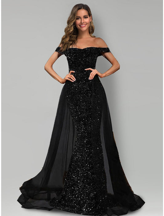 Wholesa Mermaid / Trumpet Evening Gown Sparkle & Shine Dress Formal Black Dress Sweep / Brush Train Sleeveless Off Shoulder Tulle with Sequin