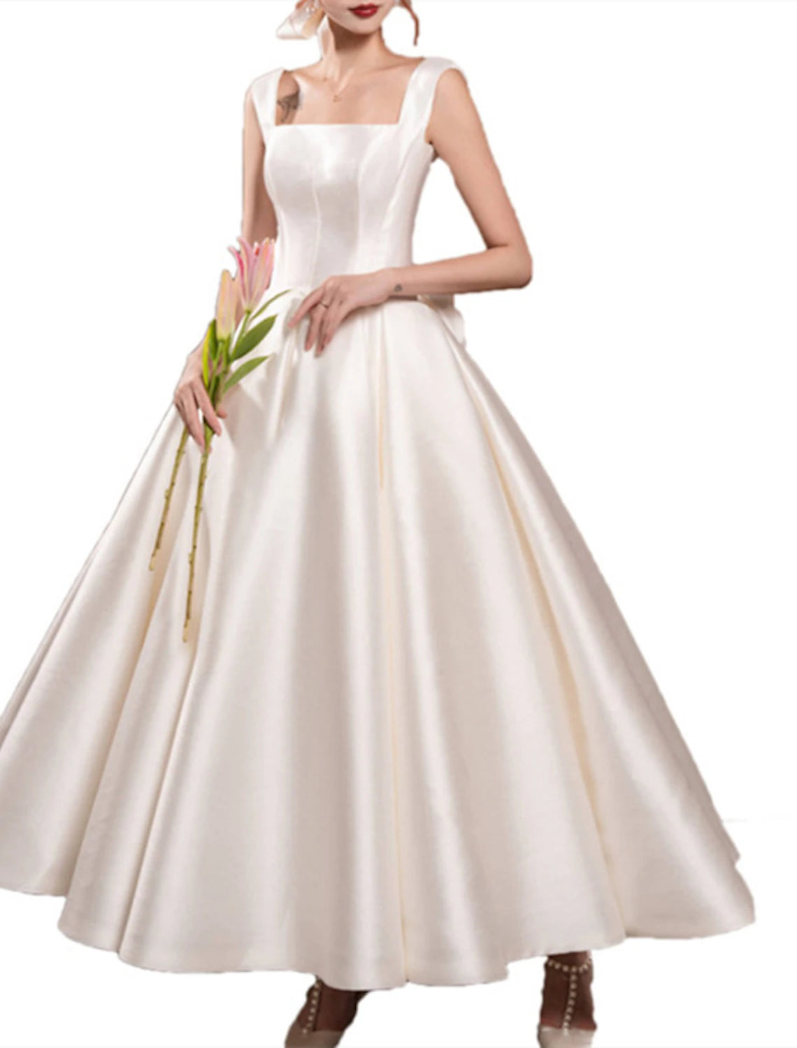 Wholesa Reception Simple Wedding Dresses Wedding Dresses A-Line Off Shoulder Cap Sleeve Tea Length Satin Bridal Gowns With Pleats Ruched