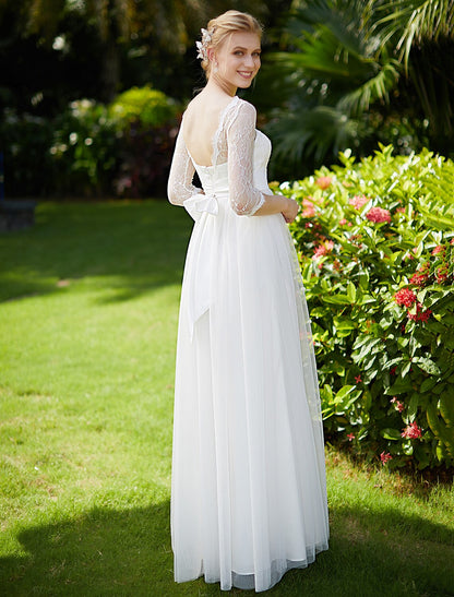 wholesale  Beach Wedding Dresses A-Line Bateau Neck 3/4 Length Sleeve Ankle Length Tulle Over Lace Bridal Gowns With Sashes / Ribbons Bow(s)