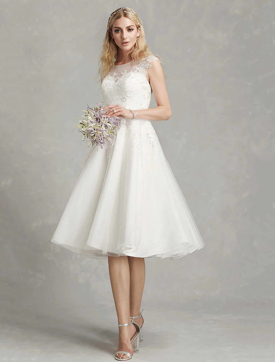 Wholesale Reception Little White Dresses Wedding Dresses A-Line Illusion Neck Cap Sleeve Knee Length Lace Bridal Gowns With Appliques 2023 Summer Wedding Party