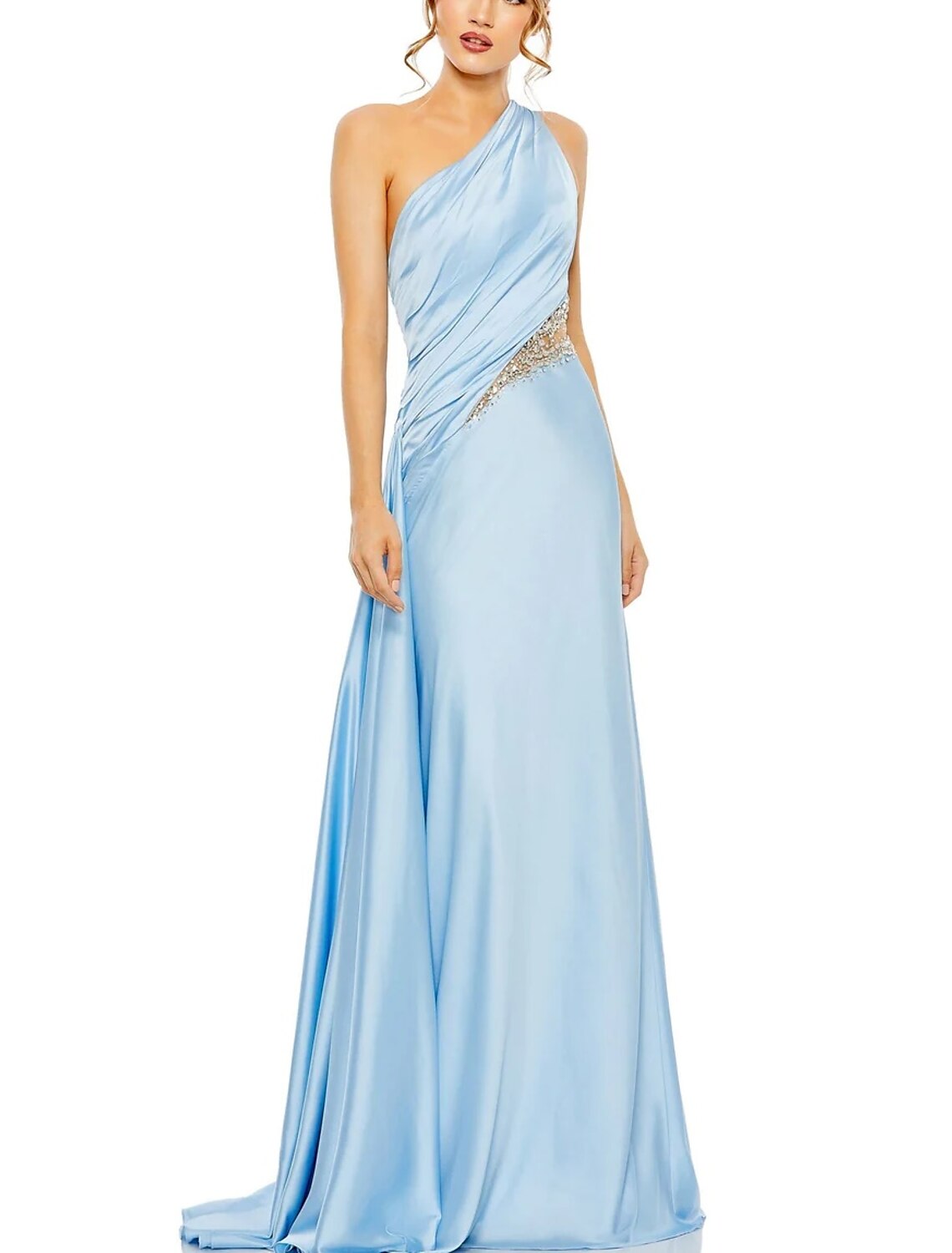 Wholesa A-Line Evening Gown Elegant Dress Formal Floor Length Sleeveless One Shoulder Satin with Glitter Ruched Sequin