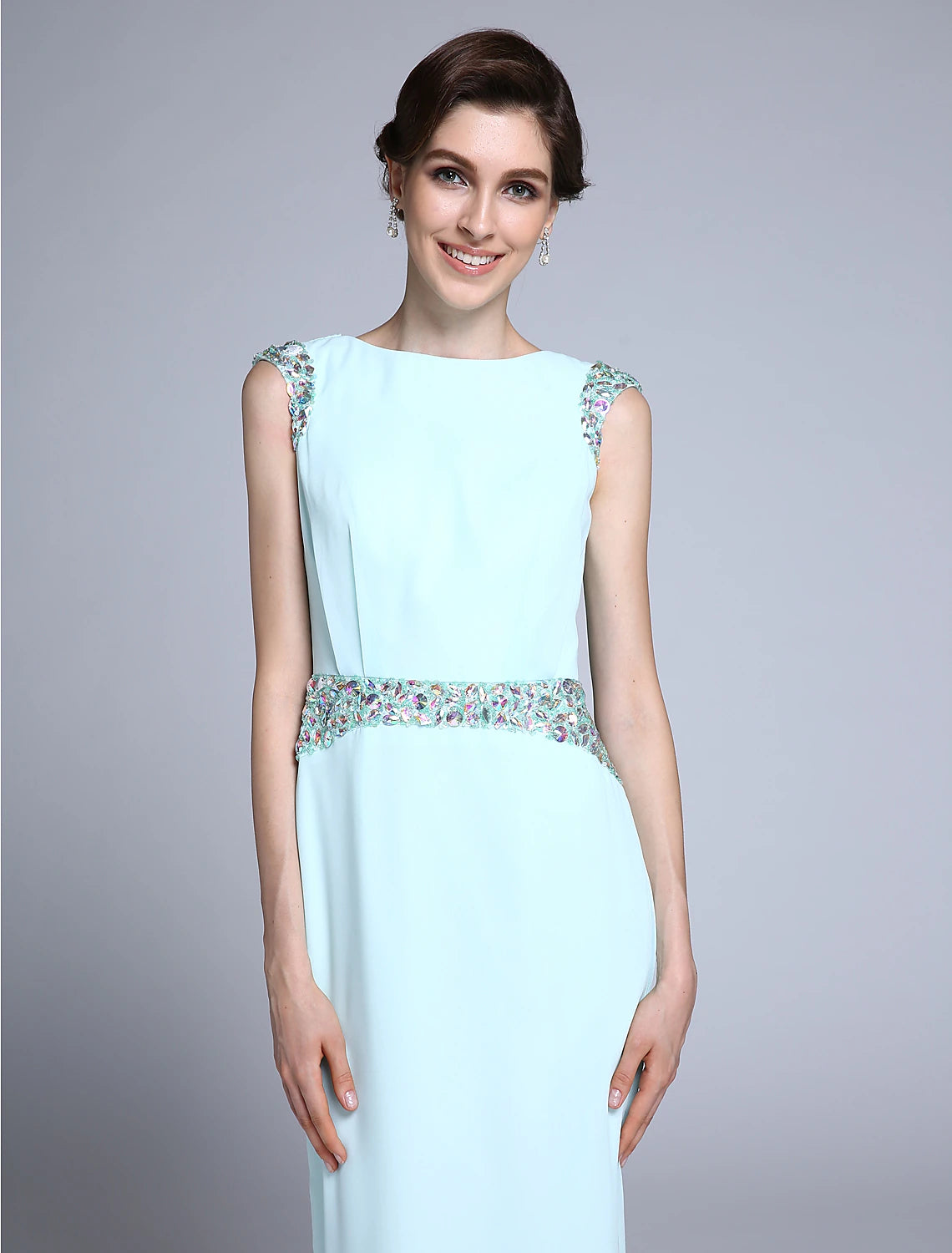 wholesale Sheath / Column Mother of the Bride Dress Elegant Bateau Neck Ankle Length Chiffon Sleeveless No with Crystals