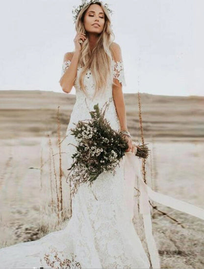 Wholesale Beach Boho Wedding Dresses Mermaid / Trumpet Off Shoulder Cap Sleeve Chapel Train Lace Bridal Gowns With Appliques Solid Color 2023 Summer Wedding Party