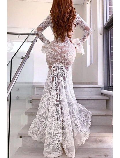 Wholesa Beach Boho Wedding Dresses Mermaid / Trumpet V Neck Long Sleeve Sweep / Brush Train Lace Bridal Gowns With Appliques Split Front