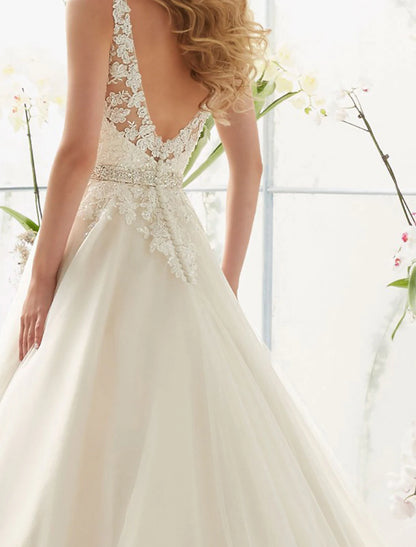 Wholesale Engagement Open Back Sexy Formal Wedding Dresses A-Line V Neck Sleeveless Court Train Lace Bridal Gowns With 2023 Summer Wedding Party