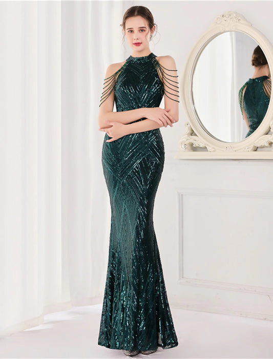 Wholesale Mermaid / Trumpet Prom Dresses Sparkle & Shine Dress Formal Floor Length Sleeveless Halter Sequined with Sequin