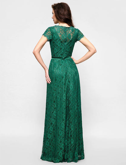 Wholesa A-Line Elegant Dress Holiday Cocktail Party Floor Length Short Sleeve V Neck All Over Lace with Crystal Brooch