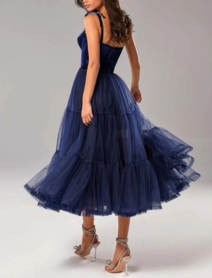 wholesale  A-Line Prom Dresses Elegant Dress Wedding Guest Tea Length Sleeveless Strapless Tulle with Pleats Pure Color