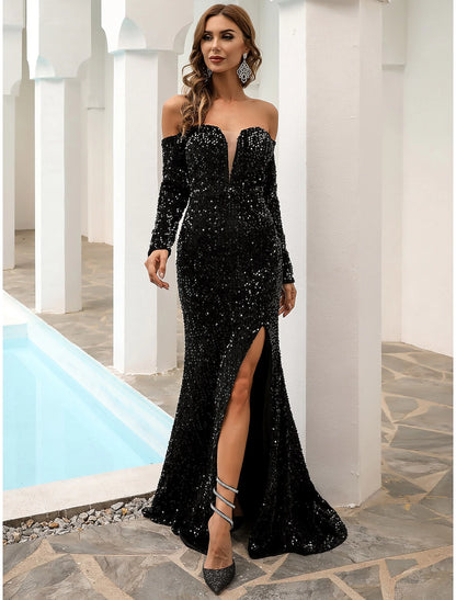 Wholesa Black Formal A-Line Evening Gown Sparkle & Shine Dress Fall Sweep / Brush Train Long Sleeve Off Shoulder Velvet with Sequin Slit