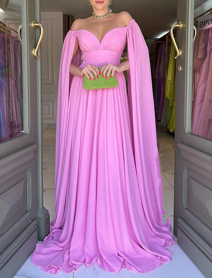 wholesale  A-Line Evening Gown Elegant Dress Formal Sweep / Brush Train Sleeveless Off Shoulder Capes Chiffon with Pleats