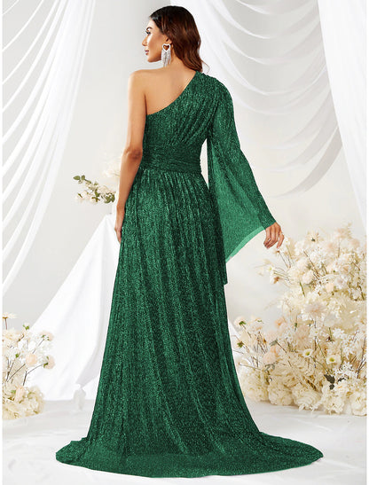 wholesale  A-Line Wedding Guest Dresses Sparkle & Shine Dress Formal Sweep / Brush Train Long Sleeve One Shoulder Polyester with Glitter Slit