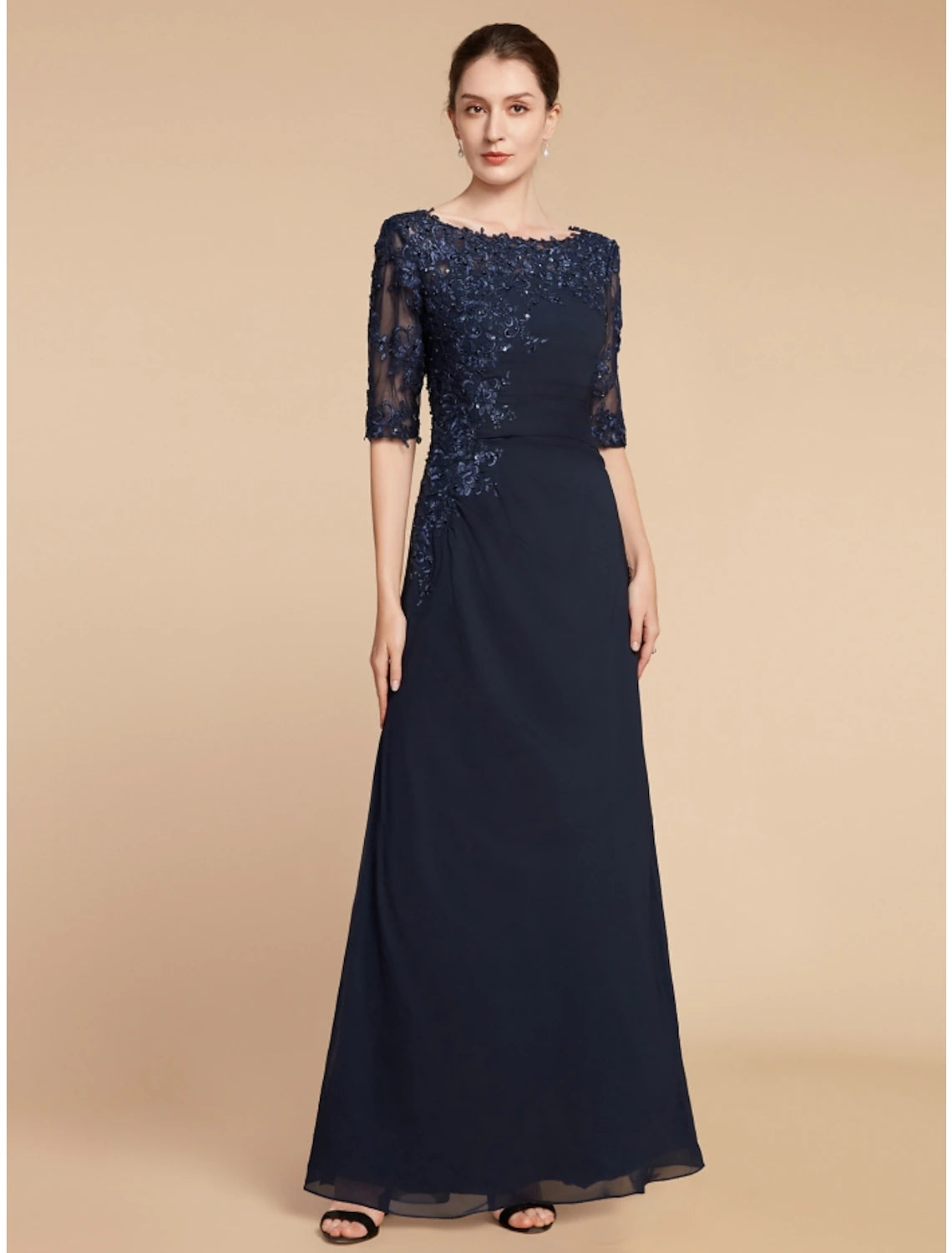 Wholesa  Sheath / Column Mother of the Bride Dress Wedding Guest Elegant Scoop Neck Ankle Length Chiffon Lace Half Sleeve with Sequin Ruching Solid Color