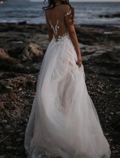 Wholesa Beach Open Back Boho Wedding Dresses A-Line Off Shoulder Cap Sleeve Court Train Lace Bridal Gowns With Appliques Solid Color