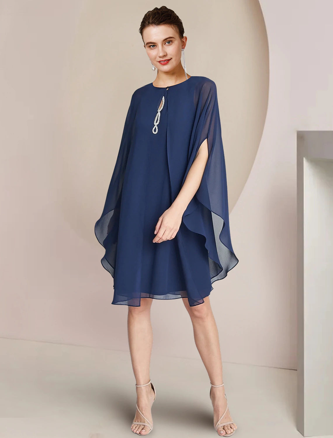 Wholesa A-Line Mother of the Bride Dress Wedding Guest Elegant Petite Jewel Neck Knee Length Chiffon Long Sleeve with Crystals Ruffles