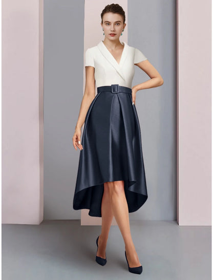 Wholesa  A-Line Mother of the Bride Dress Wedding Guest Elegant Petite V Neck Asymmetrical Satin Short Sleeve with Ruching