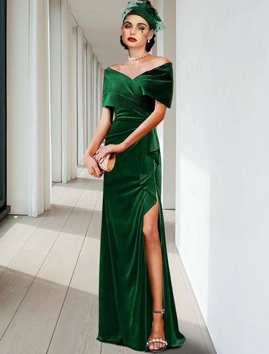 Wholesa  Sheath / Column Evening Gown Elegant Dress Wedding Guest Cocktail Party Floor Length Sleeveless V Neck Velvet with Pleats Ruffles