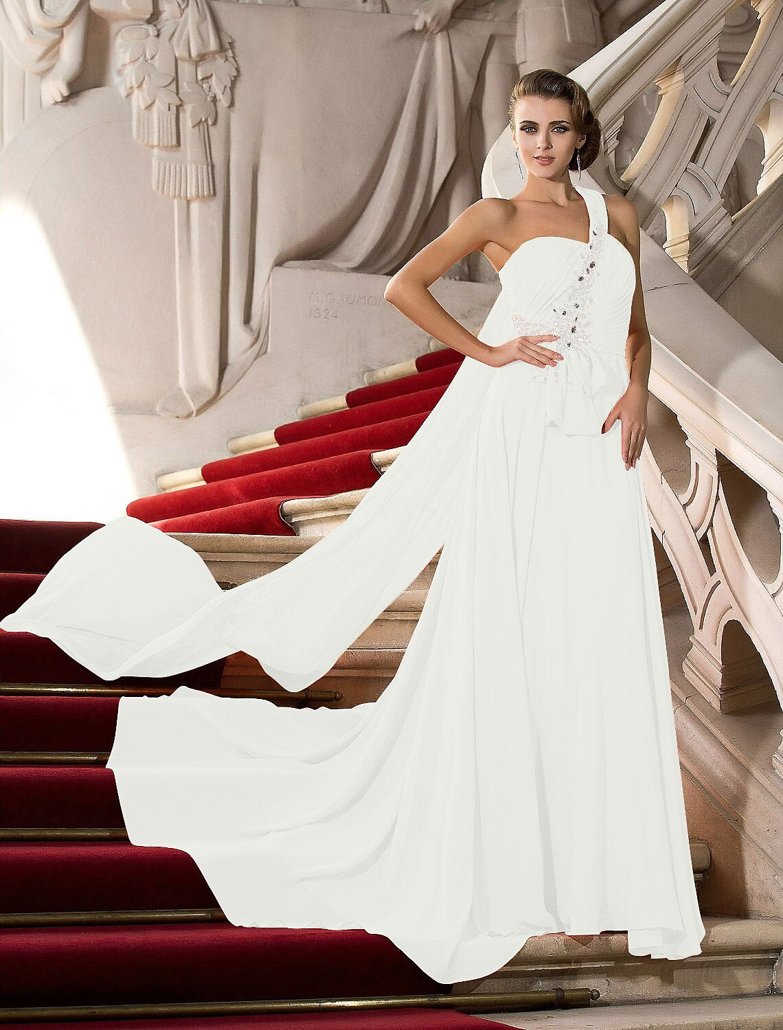 Wholesa A-Line Elegant Dress Wedding Guest Engagement Court Train Sleeveless One Shoulder Chiffon with Crystals Draping