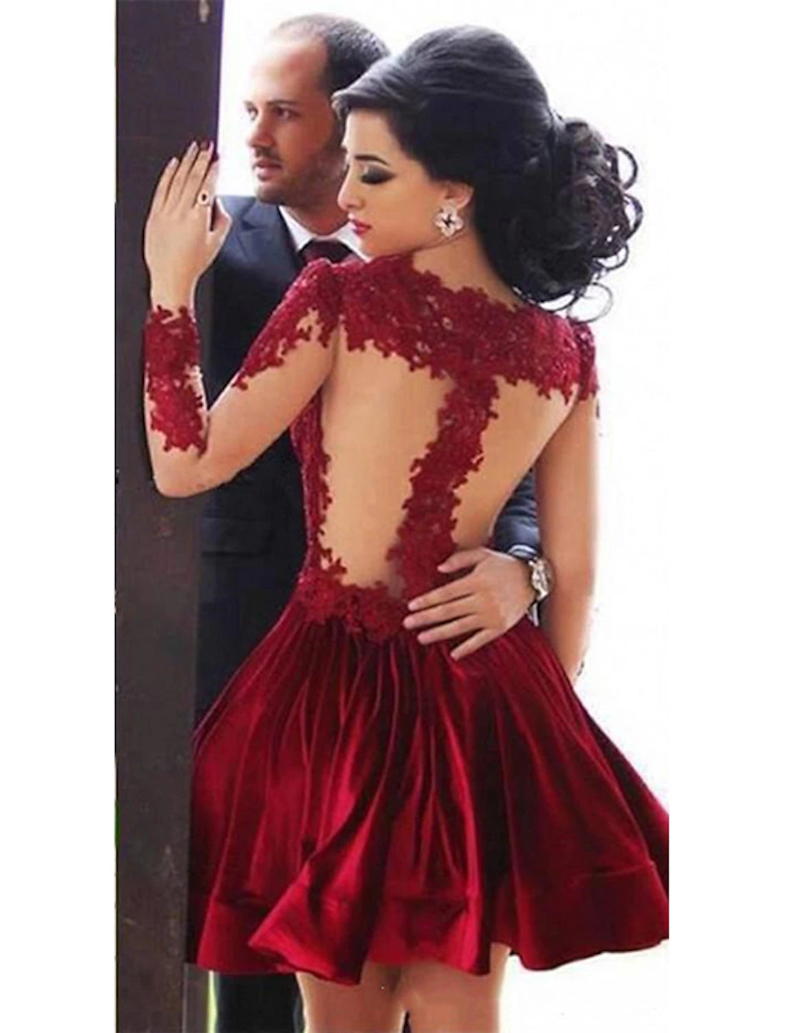 wholesa A-Line Hot Cocktail Party Prom Valentine's Day Dress Jewel Neck Long Sleeve Short / Mini Lace with Pleats Appliques