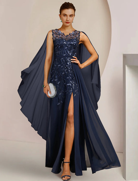 Wholesa  A-Line Mother of the Bride Dress Formal Wedding Guest Elegant V Neck Floor Length Chiffon Sequined Sleeveless with Appliques Split Front