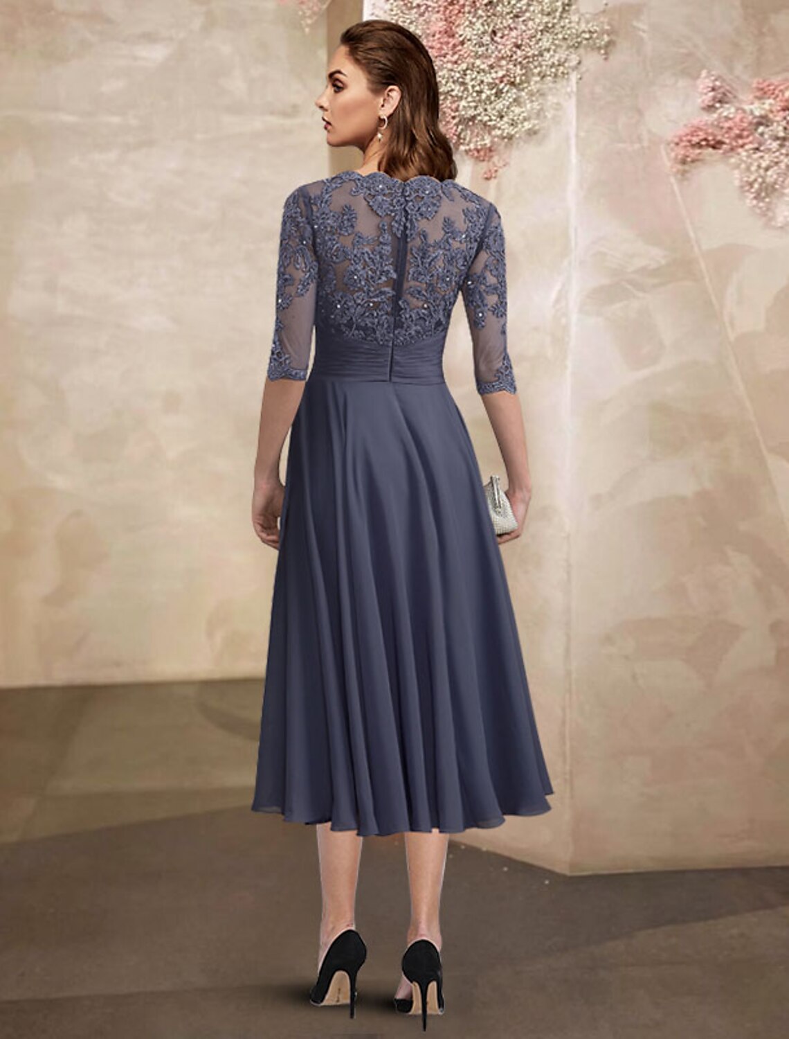 Wholesa A-Line Mother of the Bride Dress Wedding Guest Plus Size Elegant Jewel Neck Tea Length Chiffon Lace Half Sleeve with Ruched Beading Appliques Fal