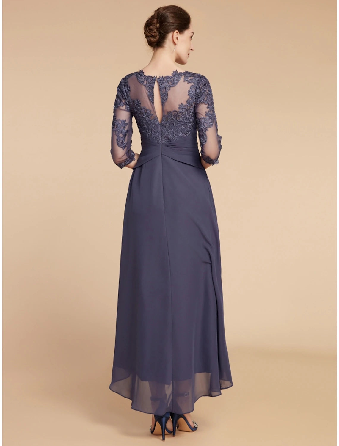 Wholesa A-Line Mother of the Bride Dress Wedding Guest Elegant Scoop Neck Ankle Length Chiffon Lace 3/4 Length Sleeve with Ruching Solid Color