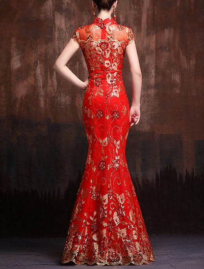 Aimishang Mermaid / Trumpet Evening Gown Vintage Dress Wedding Guest Formal Evening Floor Length Short Sleeve High Neck Satin with Sequin Embroidery