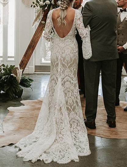 Wholesa Beach Vintage Open Back Boho Wedding Dresses Mermaid / Trumpet V Neck Long Sleeve Court Train Lace Bridal Gowns With Appliques