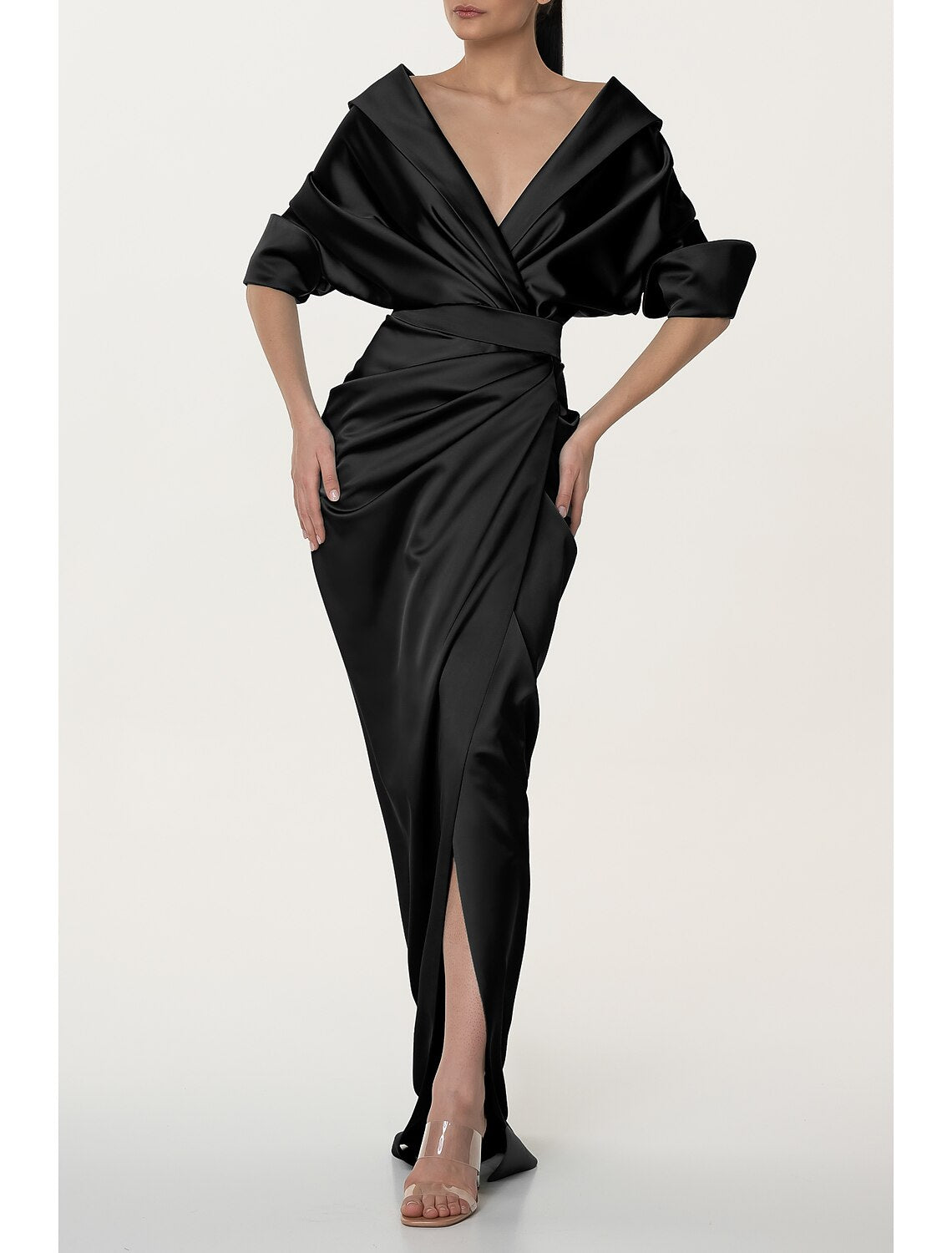 Wholesa A-Line Evening Gown Black Dress Elegant Dress Formal Fall Sweep / Brush Train Half Sleeve V Neck Satin with Ruched Slit