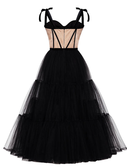 Wholesa  A-Line Cocktail Dresses Party Black Dress Plus Size Wedding Guest Cocktail Party Tea Length Sleeveless Sweetheart Wednesday Addams Family Tulle with Pleats Tiered