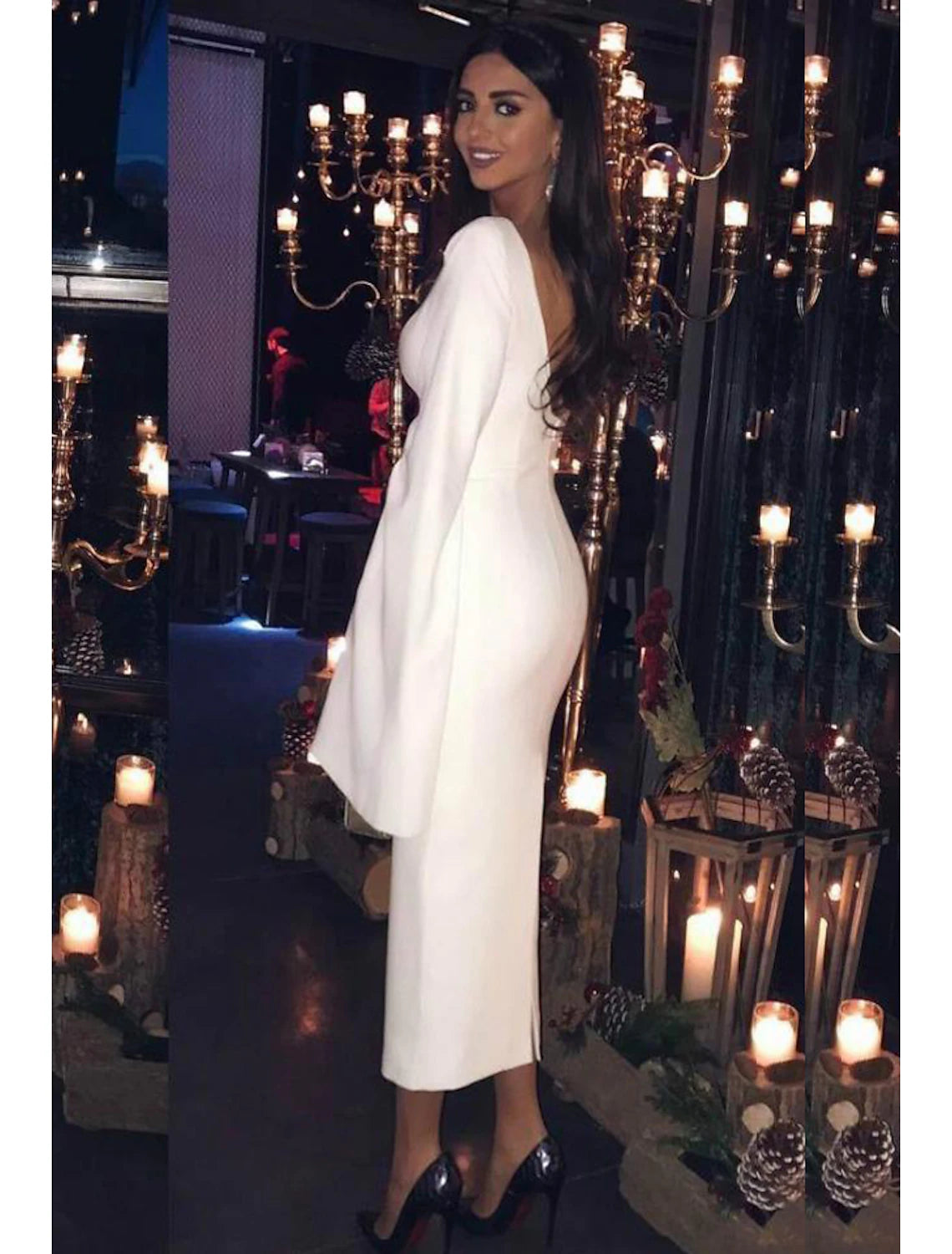 wholesale  Sheath / Column Cocktail Dresses Party Dress Holiday Tea Length Long Sleeve Jewel Neck Fall Wedding Guest Jersey Backless with Sleek Pure Color