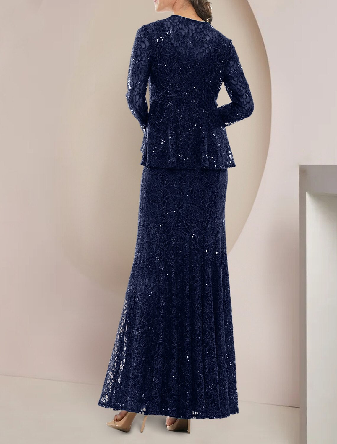 Wholesa Two Piece A-Line Mother of the Bride Dress Formal Wedding Guest Elegant Scoop Neck Floor Length Lace Long Sleeve with Sequin Crystal Brooch