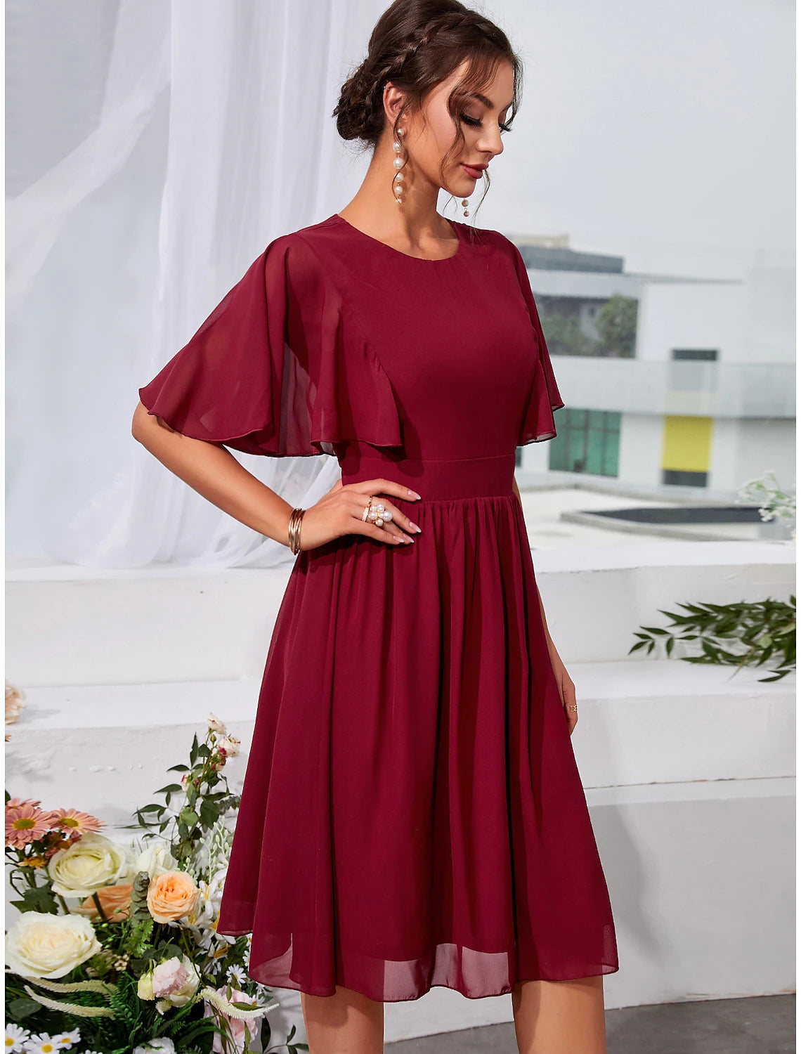 Wholesale A-Line Wedding Guest Dresses Elegant Dress Holiday Knee Length Short Sleeve Jewel Neck Chiffon with Pleats Ruffles