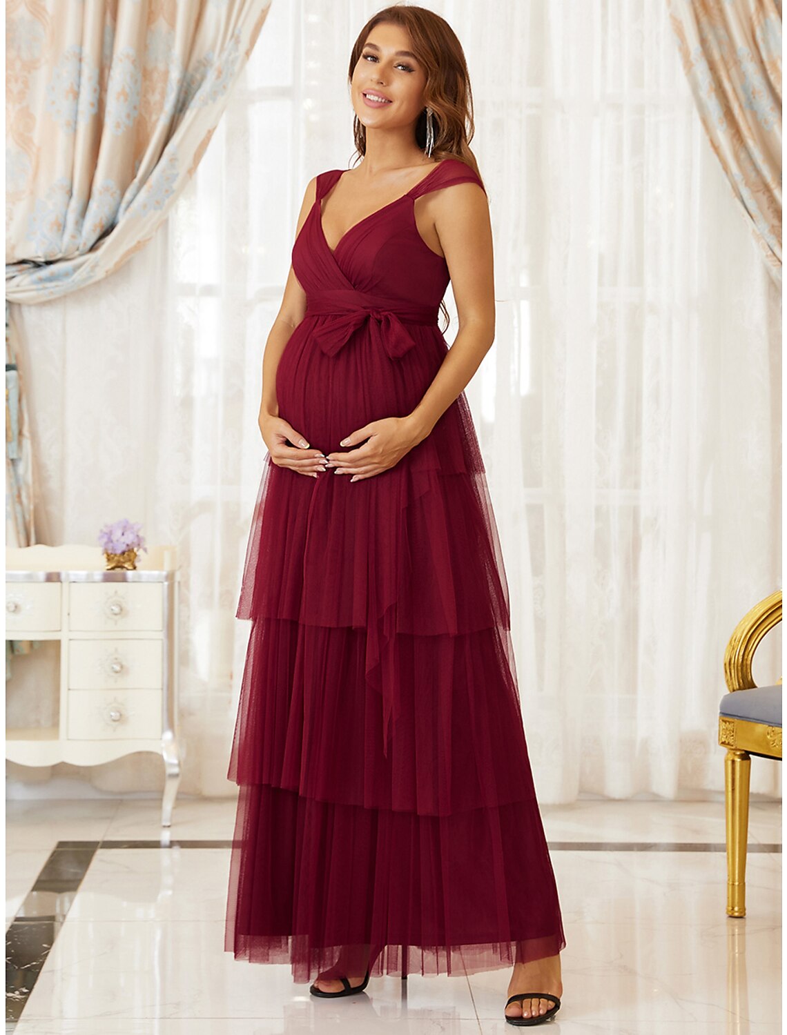 wholesale   A-Line Maternity Cute Formal Evening Dress V Neck Sleeveless Floor Length Tulle with Tier Pure Color