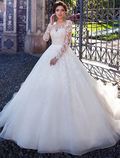 Wholesale Engagement Formal Fall Wedding Dresses Ball Gown Illusion Neck Long Sleeve Court Train Lace Bridal Gowns With Lace Appliques Summer Wedding Party