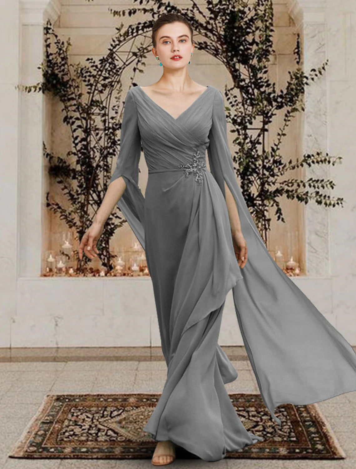 Wholesa  Sheath / Column Mother of the Bride Dress Elegant V Neck Floor Length Chiffon Half Sleeve with Beading Side-Draped