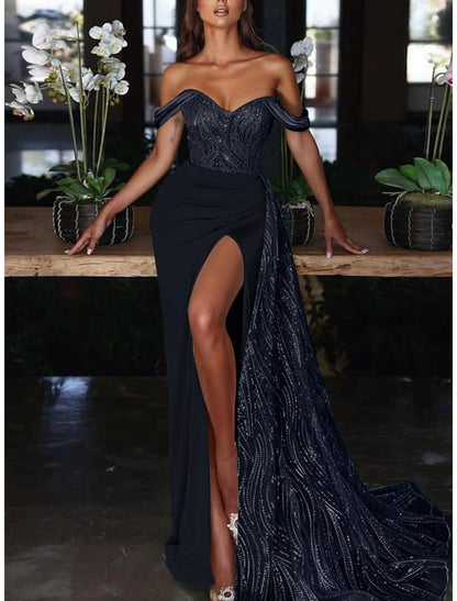 Wholesa Mermaid Dress Evening Gown Red Green Dress Dress Formal Wedding Guest Court Train Sleeveless Off Shoulder Charmeuse with Ruched Sequin Slit