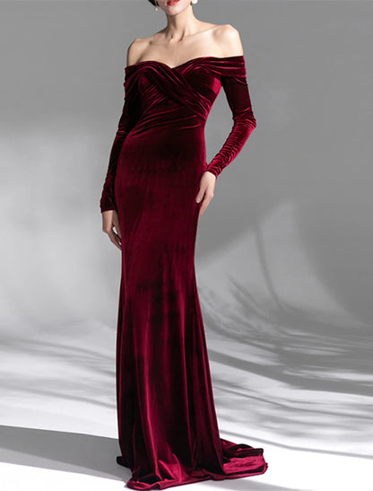 Wholesa Mermaid / Trumpet Evening Gown Open Back Dress Formal Wedding Guest Sweep / Brush Train Long Sleeve Off Shoulder Velvet with Ruched